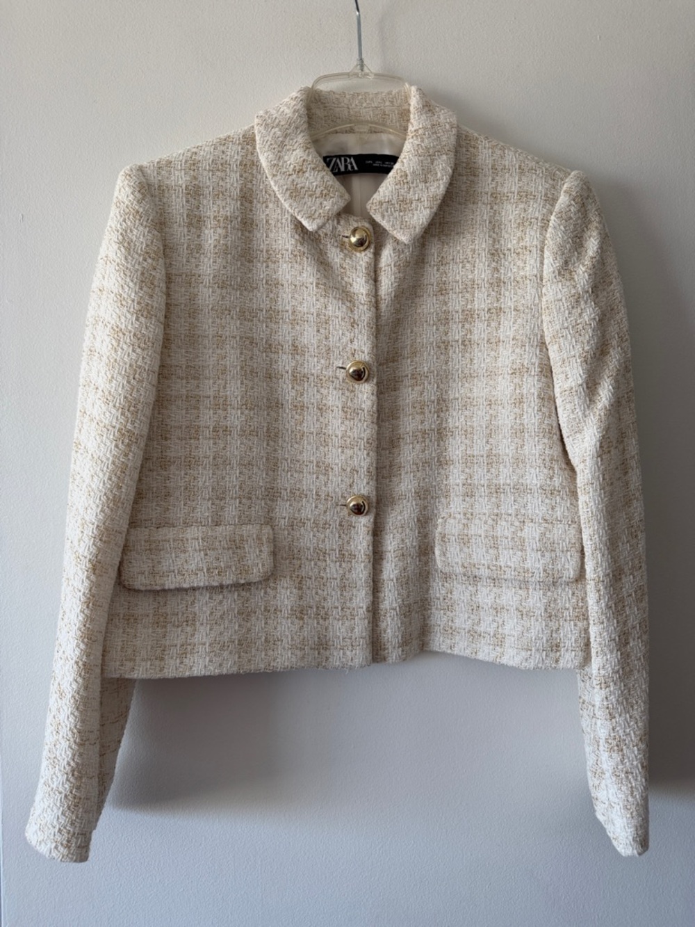 Zara Cream & Gold Textured Tweed Cropped Blazer - Size Large - Picture 2 of 7